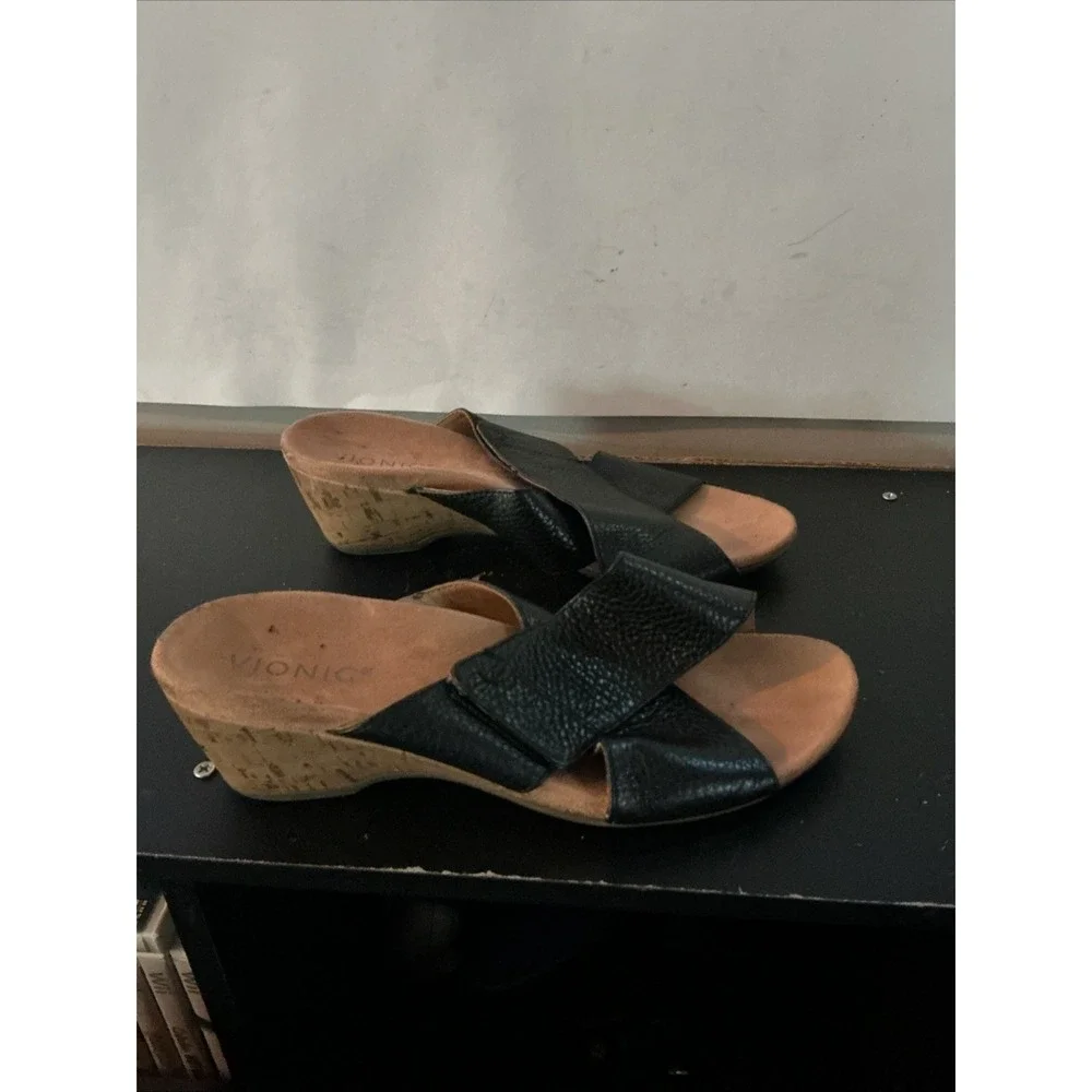Vionic Leticia Black Lizard Embossed Cork Wedge Sandals Womens 8 Slide